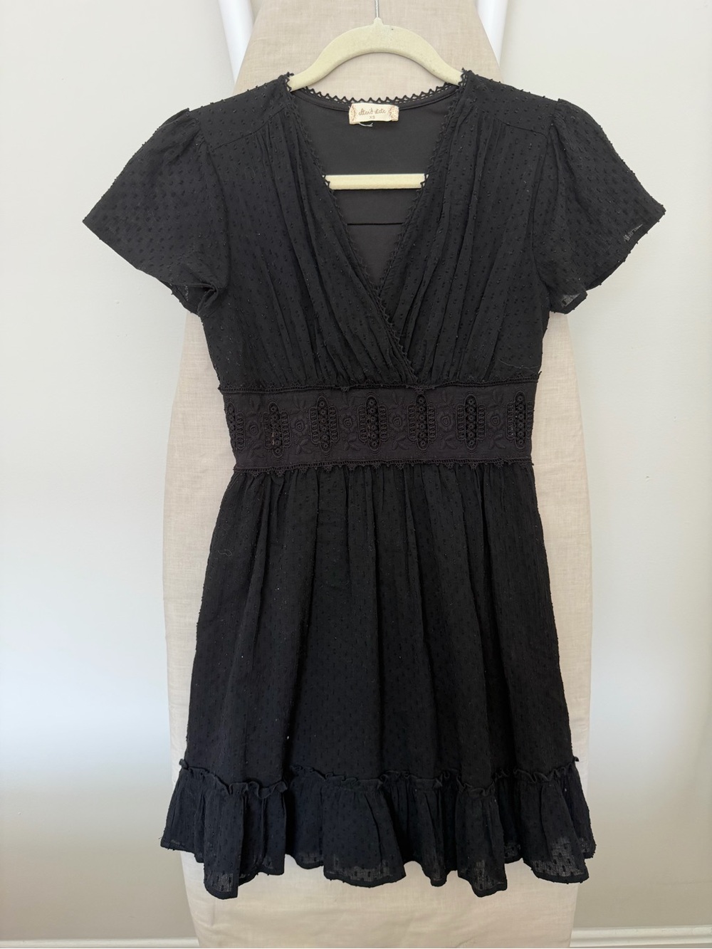 Altar'd State Black Short Sleeve V-Neck Mini Dress with Embroidered Waistband